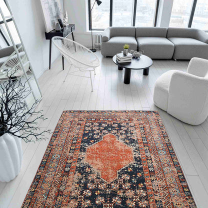 Anatolian Distressed Navy Medallion Washable Non-Slip Area Rug