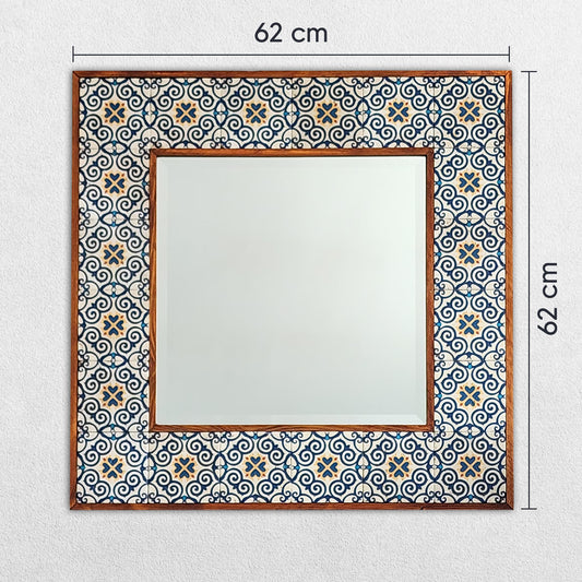 Decorative mirror with patterned frame and measurements on a white background