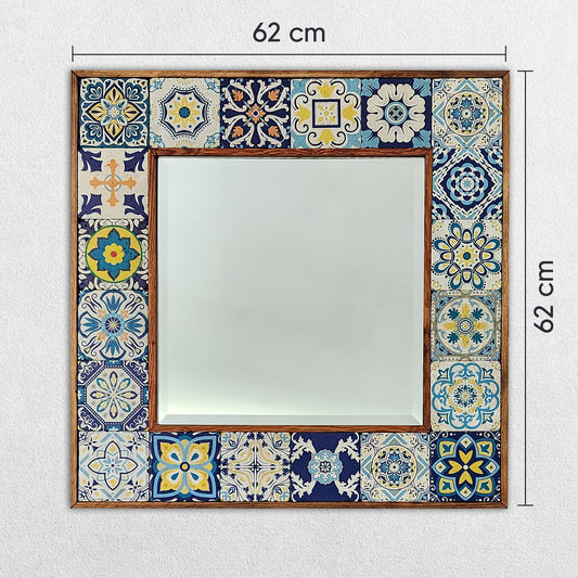 Decorative mirror with a colorful tile frame and dimensions indicated.