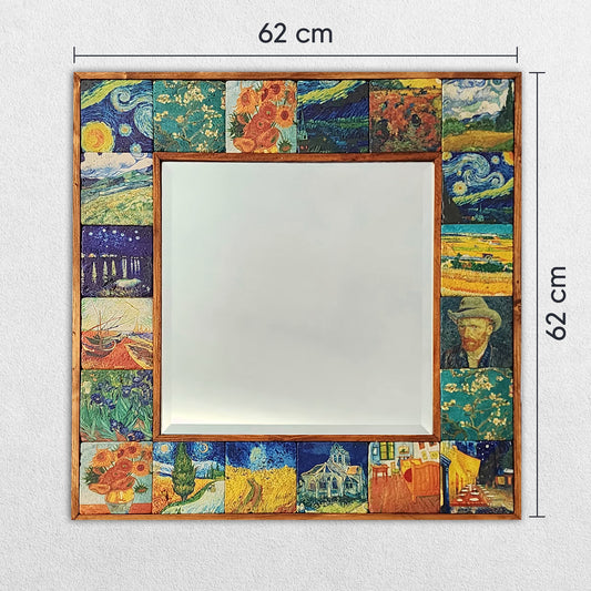 Decorative mirror with Van Gogh-themed collage design on a white background