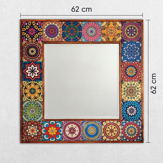 Decorative mirror with colorful floral patterns and dimensions on a white background