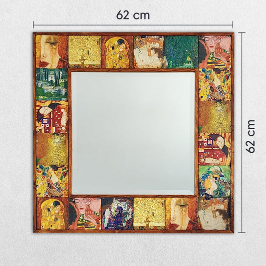 Decorative mirror with artistic design and measurements on a white background