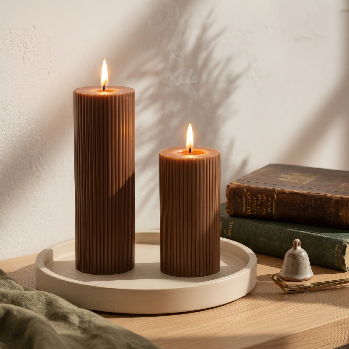 Brown Cylinder Soy Wax Candle Set of 2 | Ribbed Candles