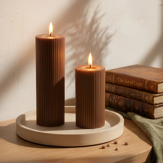 Brown Cylinder Soy Wax Candle Set of 2 | Ribbed Candles
