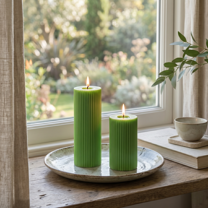 Green Cylinder Soy Wax Candle Set of 2 | Ribbed Candles