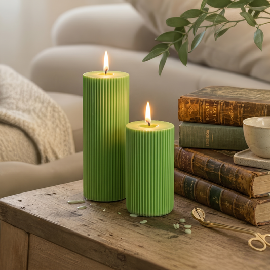 Green Cylinder Soy Wax Candle Set of 2 | Ribbed Candles