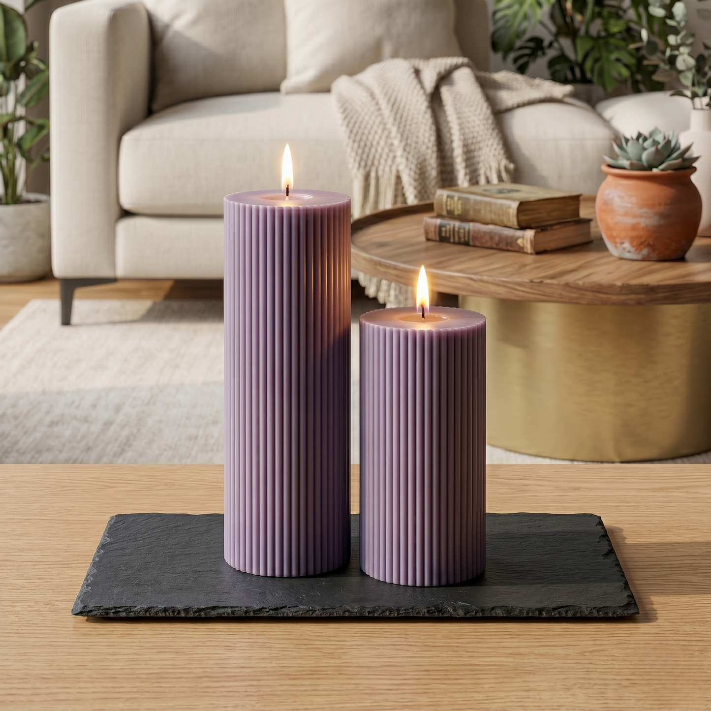 Purple Cylinder Soy Wax Candle Set of 2 | Ribbed Candles