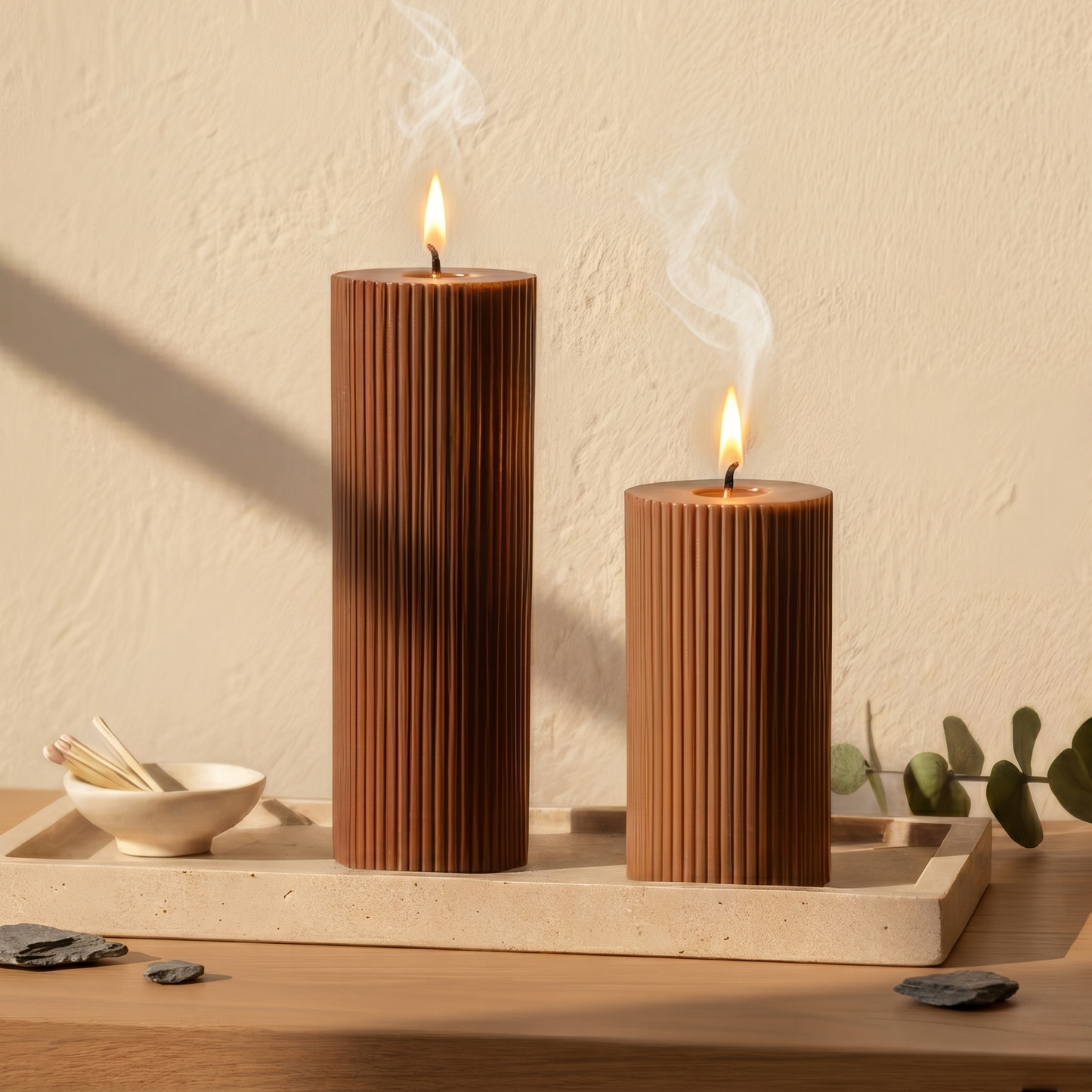Brown Cylinder Soy Wax Candle Set of 2 | Ribbed Candles