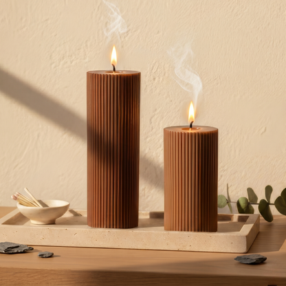 Brown Cylinder Soy Wax Candle Set of 2 | Ribbed Candles