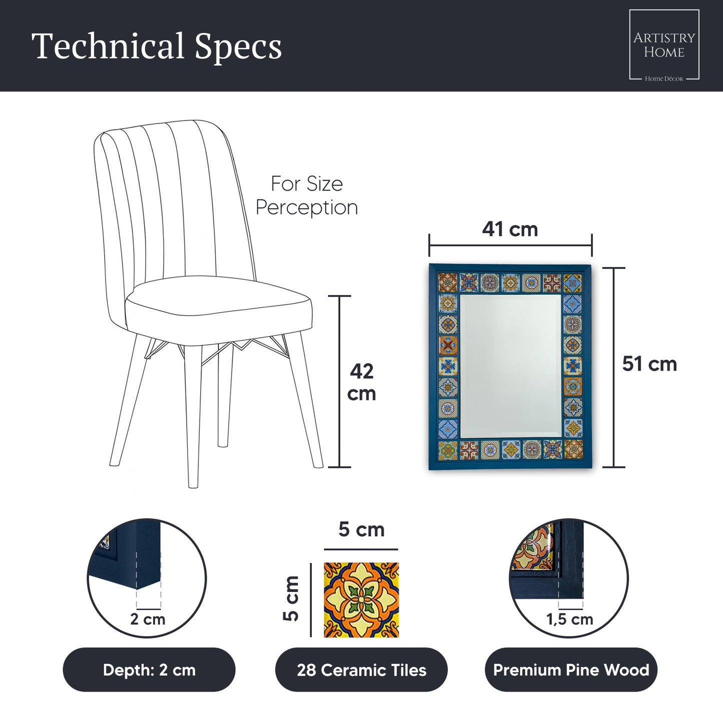 Azure Mosaic Handmade Anatolian Ceramic Tile Wall Mirror